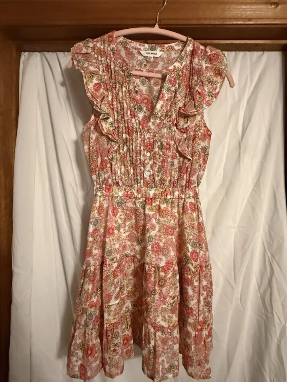 Steve Madden XS Sleeveless Ruffle Dress Floral Multicolor Pink Red Green